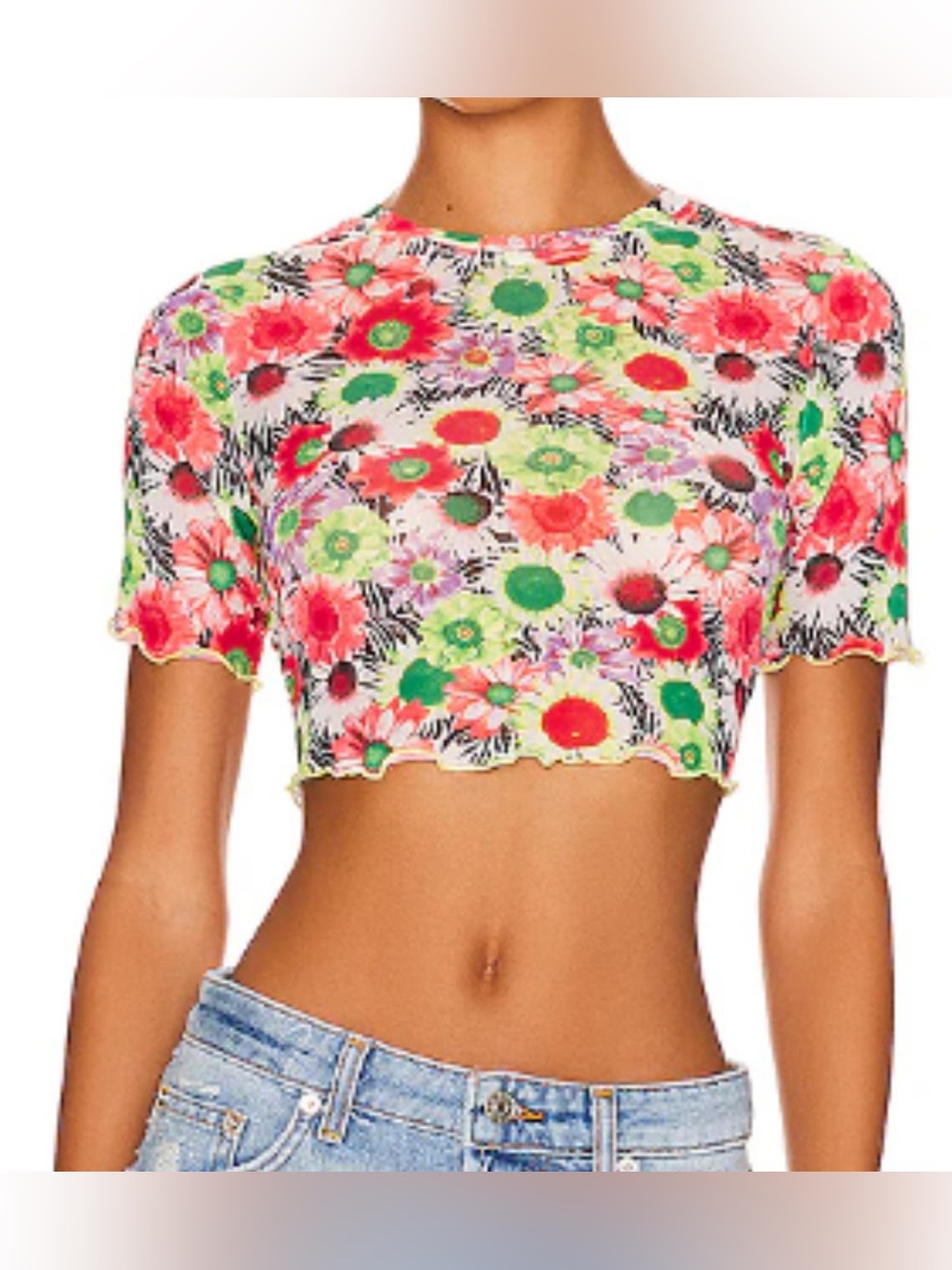 AFRM White Floral Crop Top with Pink & Green Blooms